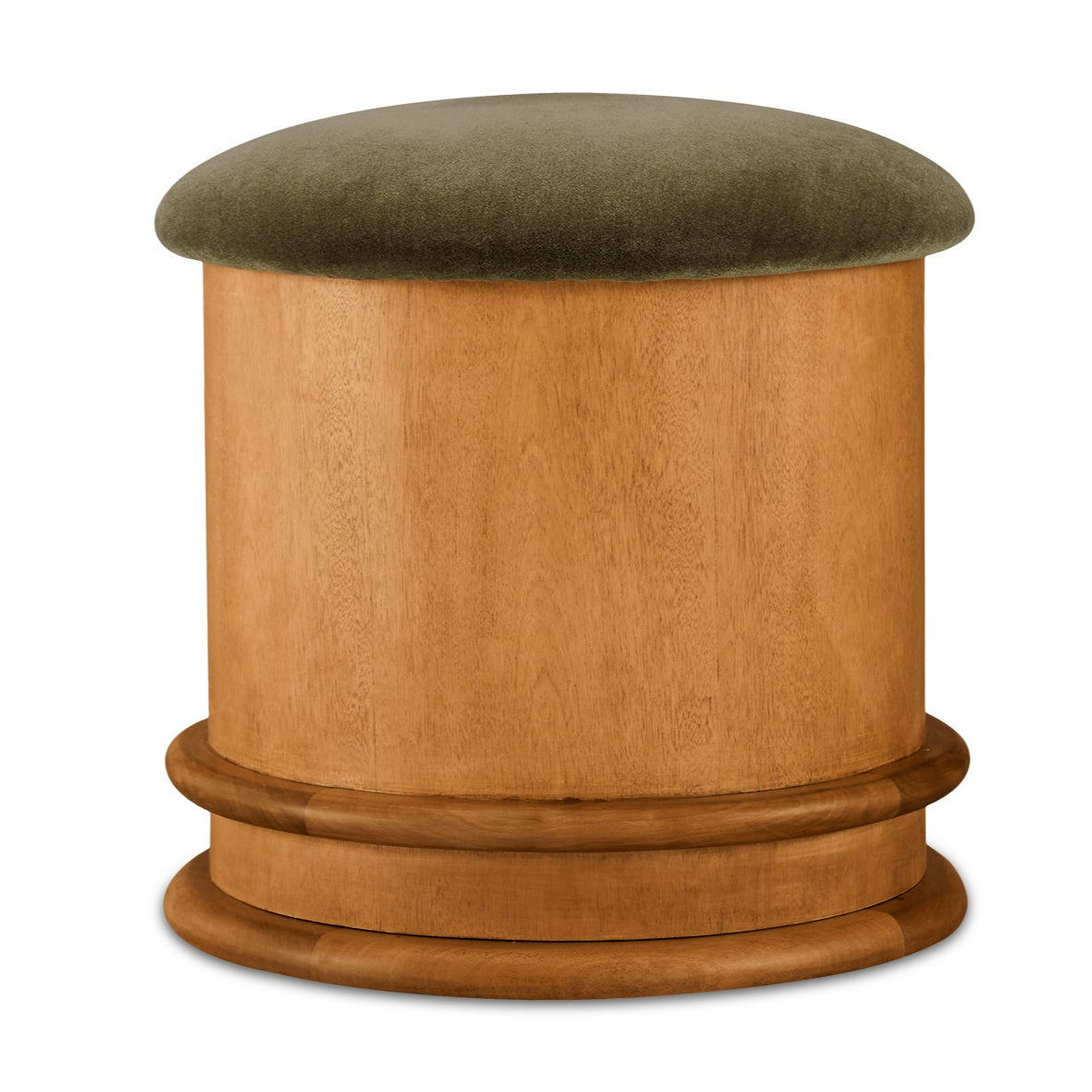 Wooden stool with a green cushion on a white background