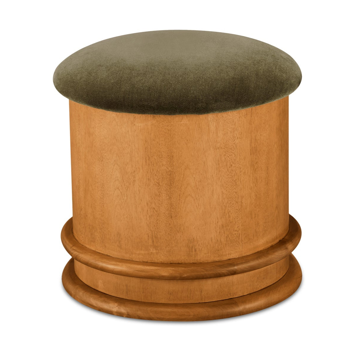 Wooden stool with a green cushion on a white background